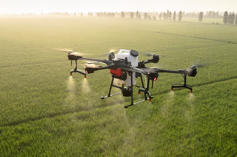 Imagen de un drone sobrevolando un campo de cultivo y fumigándolo